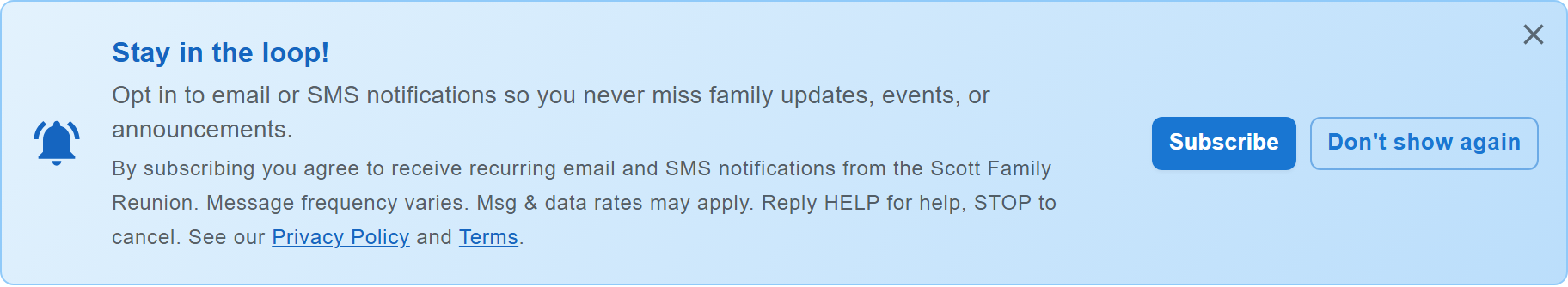 Notification opt-in banner shown to signed-in members, with Subscribe button and SMS consent disclosure